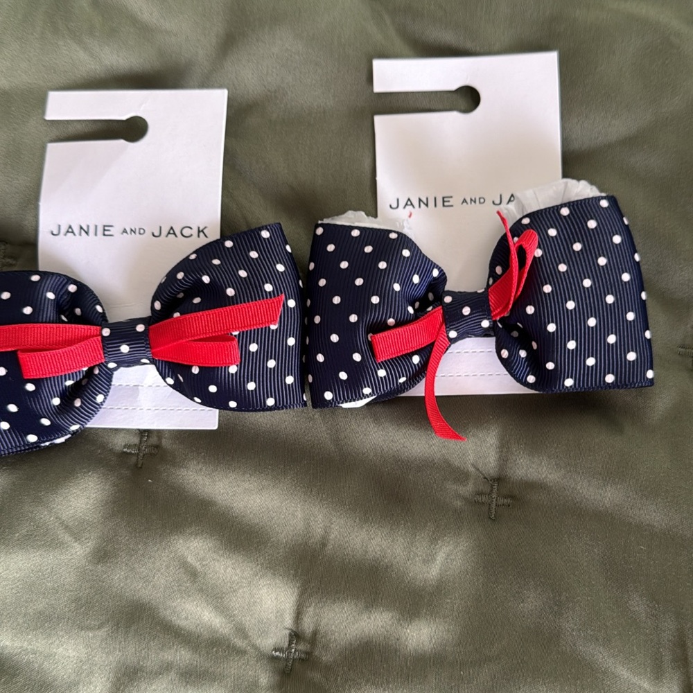 Janie and Jack Navy Polka Dot Hair Bows with Red Ribbon Accents
